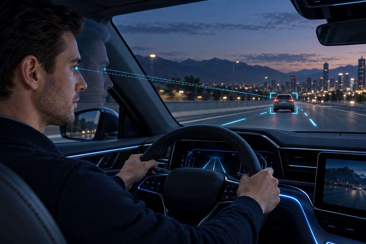 Concept illustration of changing driver eye position and virtual AR-HUD graphics aligned with a vehicle ahead