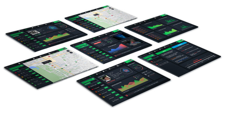 OMNI VMS product screens showing maps, events, driver evaluation, and fleet analytics